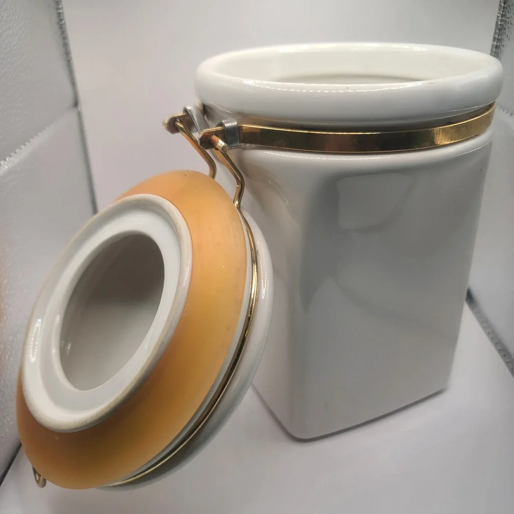 Gevalia Kaffe White Ceramic Coffee Canister Airtight Gold Bail Lid Made in Japan